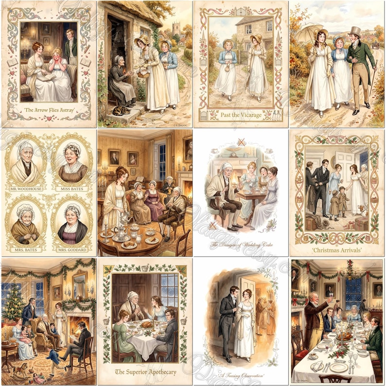 May include: A collection of twelve illustrated scenes depicting characters in period clothing, featuring interior and exterior settings with ornate borders and captions such as The Arrow Flies Astray, Past the Vicarage, and Christmas Arrivals.