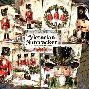 VICTORIAN NUTCRACKER Junk Journal Pages, Vintage Ephemera, Watercolor Pack Christmas soldier illustrations with holly, pine, snowflakes