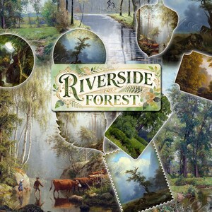 Riverside Forest Vintage Landscape Digital Paper, Classical Oil Painting Woodland Ephemera, Nature Junk Journal, Misty Woods Scene Printable