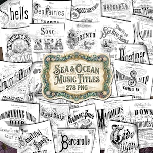 Może przedstawiać: Kolekcja grafik tytułów muzycznych w stylu vintage z motywem morza i oceanu. Centralna grafika głosi "Sea & Ocean Music Titles" z "278 PNG" poniżej. Inne tytuły to "Murmuring Shells" i "Sea Fairies".