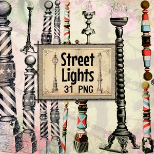 May include: A collection of vintage street light illustrations in various designs. The image includes a sign that reads "Street Lights 31 PNG". The lights feature diverse shapes, colors, and patterns, including stars, stripes, and geometric designs. Some lights have flames.