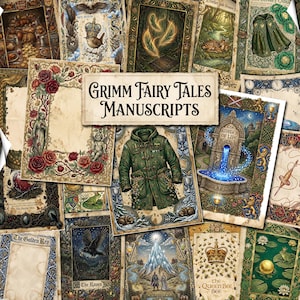 May include: A collection of illustrated paper sheets titled Grimm Fairy Tales Manuscripts, featuring intricate borders, scenes of nature, animals, and fantasy elements, with a central image of a green hooded coat on a parchment-style background.