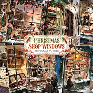 クリスマスショップのウィンドウ、ビクトリア朝風水彩画の店構え、おもちゃ屋、パン屋、書店、薬局、印刷可能なジャンクジャーナルページ、ヴィンテージの印刷物