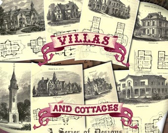 Vilas e Casas de Campo: Uma Série de Projetos, Desenhos Arquitetônicos Antigos, Plantas Baixas Detalhadas da Era Vitoriana, Elevações de Casas Históricas