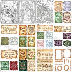 May include: A collection of printable digital ephemera featuring illustrations of scenes, decorative labels, and bookmarks with text including Hartfield, Miss Emma Woodhouse, and various character names, all presented in a grid layout on a white background.