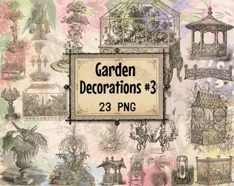 DECORACIONES DE JARDÍN PNG n.° 3. Clipart vintage, cenador y terrario victoriano, grabados botánicos antiguos, jardineras ornamentales, efímeras digitales.