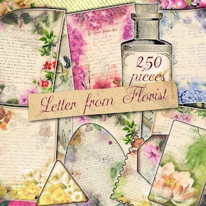 Carta de florista: conjunto de 43 hojas de diario basura con collages digitales de diseños gráficos de estilo vintage y correspondencia de texto escrito a mano.