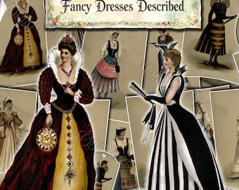 Fancy Dresses Described or What to Wear at Fancy Balls Antique Victorian Costumes, Queens Women, Junk Journal Pages, Vintage Ephemera