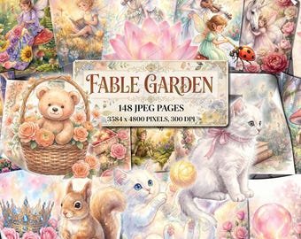 FABLE GARDEN Junk Journal Kit, Magic Ephemera, Fairytale Fairy Pages, Printable Digital Papers Enchanted Backgrounds Whimsical Forest Scenes