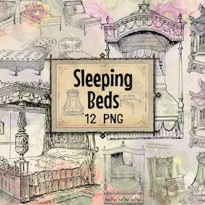 May include: A collection of 12 PNG images featuring vintage-style sleeping beds. The illustrations are in black and white with intricate details, showcasing various bed designs, including canopy beds and chaise lounges. The text "Sleeping Beds" is displayed on a decorative sign.