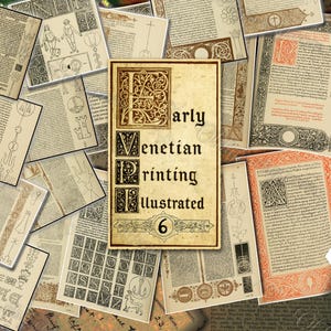 Early Venetian Printing Illustrated #6 Digital Papers, Renaissance Typography, Woodcut Illustrations, Ornate Initials, Junk Journal Pages