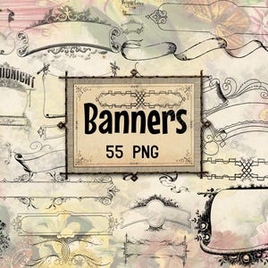 May include: A collection of 55 vintage-style banners in black and white. The banners are ornate and feature various designs, including scrolls, swirls, and floral motifs. The banners are perfect for adding a touch of vintage charm to your digital projects.