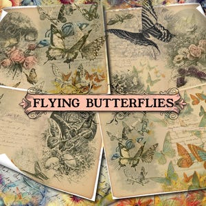 Mariposas voladoras: conjunto de 24 hojas de diario basura con collages digitales de diseños gráficos de estilo vintage, texto de letras escritas a mano, color natural.
