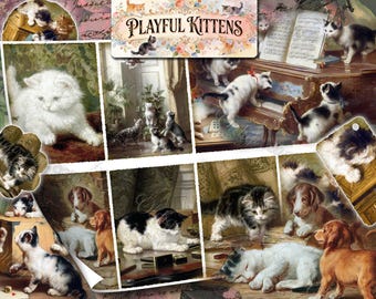 Playful Kittens Vintage Victorian Digital Ephemera Set, Antique Cat Illustrations for Junk Journals, Scrapbooking, Feline Digital Download