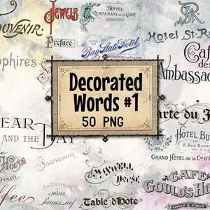 PNG DECORATED WORDS #1 - zestaw 50 plików w formacie png z przezroczystą warstwą tła, natychmiastowy cyfrowy zestaw do pobrania, pakiet grafik clipart