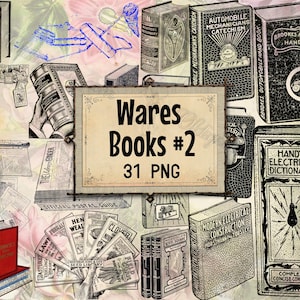 May include: A collage of vintage books and ephemera, including dictionaries, handbooks, and pamphlets. The central sign reads "Wares Books #2 31 PNG". The books vary in size and color, with titles like "Webster's Dictionary" and "Handy Electrical Dictionary".