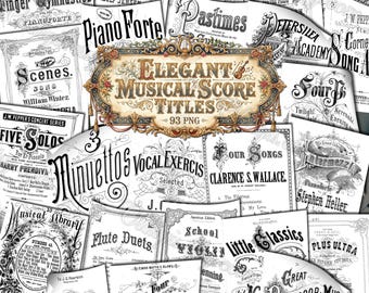 Eleganti titoli di spartiti musicali, copertine di spartiti musicali vintage, materiale digitale stampabile vittoriano antico, parole di testo ornate e decorate