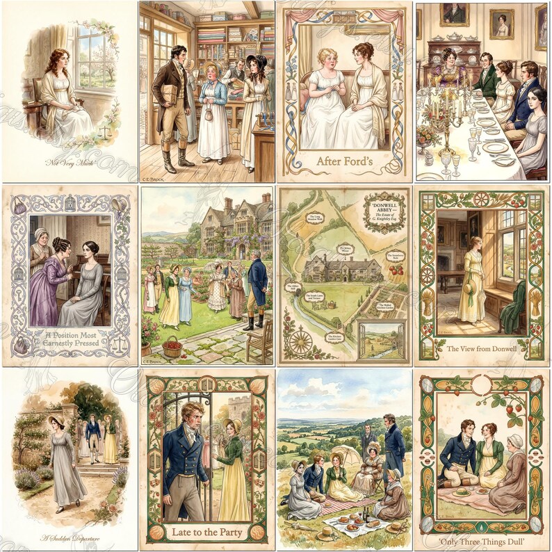 May include: A collection of twelve vintage-style illustrations depicting scenes from a period novel, featuring characters in Regency-era clothing, architectural settings, a map of Donwell Abbey, and decorative borders with text captions.