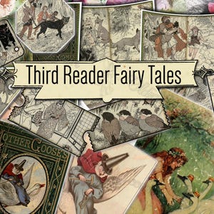 Second Reader Fairy Tales - Set mit 62 alten Illustrationen aus Vintage-Buchbildern, Seiten 8,5 x 11 digitalen Papieren Druckbögen, ATC-Karten