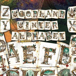 Alfabeto invernal de bosque (A-Z) en acuarela vintage, iluminado con acebo, piñas, cintas y bosques iluminados por la luna. Papeles digitales, páginas.