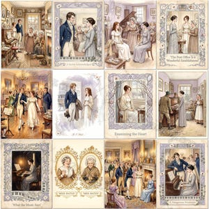 May include: A collection of twelve illustrated cards featuring Regency-era scenes with people in period clothing, pianos, and ornate borders. Several cards include text such as A Secret Acknowledged, Examining the Heart, and What the Music Says.
