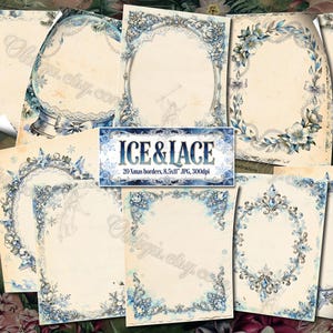 Ice & Lace Watercolor Winter Frames Blue Silver, Printable Vintage Stationery Pages, Christmas Borders, Junk Journal, Pearls, Pines, Ribbons