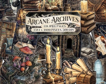 Arcane Archives Junk Journal Pages, Vintage Scrapbook Papers, Victorian Digital Collage Sheet, Castle Gothic Library, Dark Academia Book