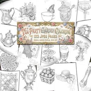Könnte beinhalten: Schwarz-Weiß-Illustrationen von Objekten zum Thema Teeparty und Garten. Enthält eine Teekanne, eine Tasse mit Schmetterling, einen mehrstöckigen Dessertständer, Erdbeeren und einen Sonnenhut. Der Text "Tea Party Garden Coloring" ist zu sehen.