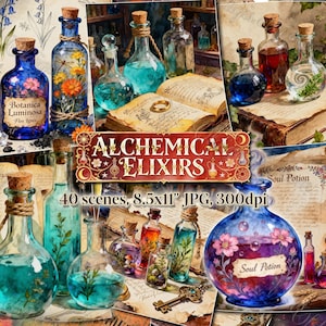 Alchemical Elixirs Potion Bottles Junk Journal Pages, Digital Paper, Grimoire & Book of Shadows, Apothecary Printable, Magical Fantasy