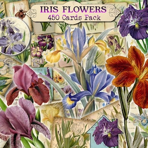 Iris Flowers Botanische Junk Journal Karten, Antike Samen Katalog, Printable Ephemera Kit, Vintage Botanische, Romantische Frühlingsgarten, 71 JPG