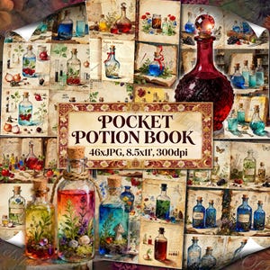 Pocket Potion Book Printable Junk Journal Kit, Apothecary Collage Sheets, Vintage Alchemy Ephemera, Blue Glass Bottles, Dark Academia Witch