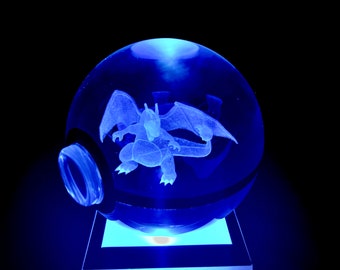 Pokebola de cristal K9 grande Charizard de 80 mm personalizada* Grabado láser interno 3D* Luz nocturna LED que cambia de color