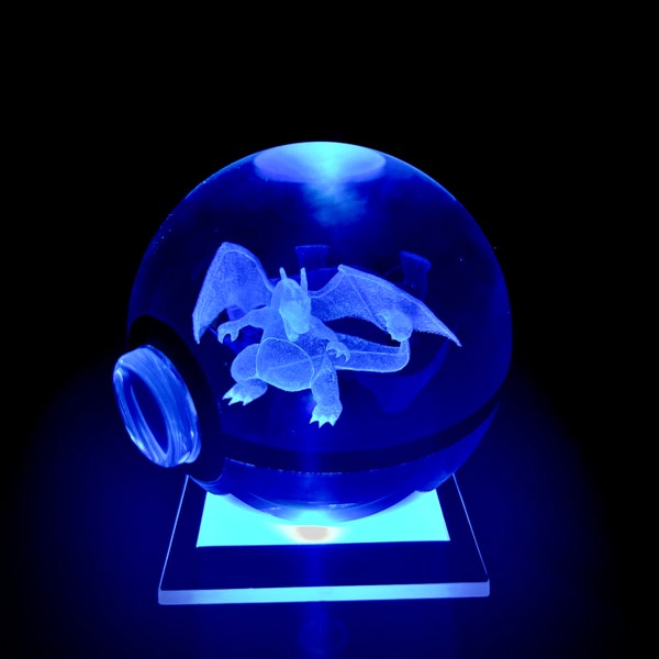Personalised 80MM Charizard Large K9 Glass Pokeball* 3D Internal Laser Engraving* LED Colour Changing Night Light