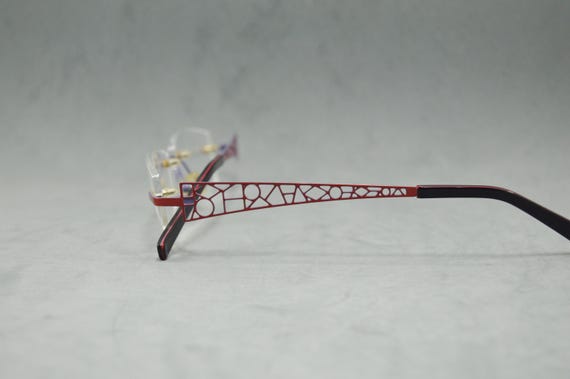 Vintage Rimless EyeGlasses OXYGEN 1081 by Von Bogen Germany NOS hexagon Woman eyewear 00S Top Stainless steal orange red purple Fantasy arms View 4