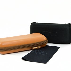 May include: Two zippered cases for glasses, one brown and one black. The black case has a pair of glasses embossed on the front. A black microfiber cleaning cloth is also included.