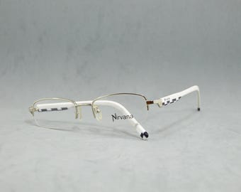 Óculos de grau sem aro de metal NIRVANA. Estoque morto, sem uso, NOS, Rx, especificações, Google, feminino, oval, estreito, bronze, branco, preto, leitura, anos 2000 e 10.