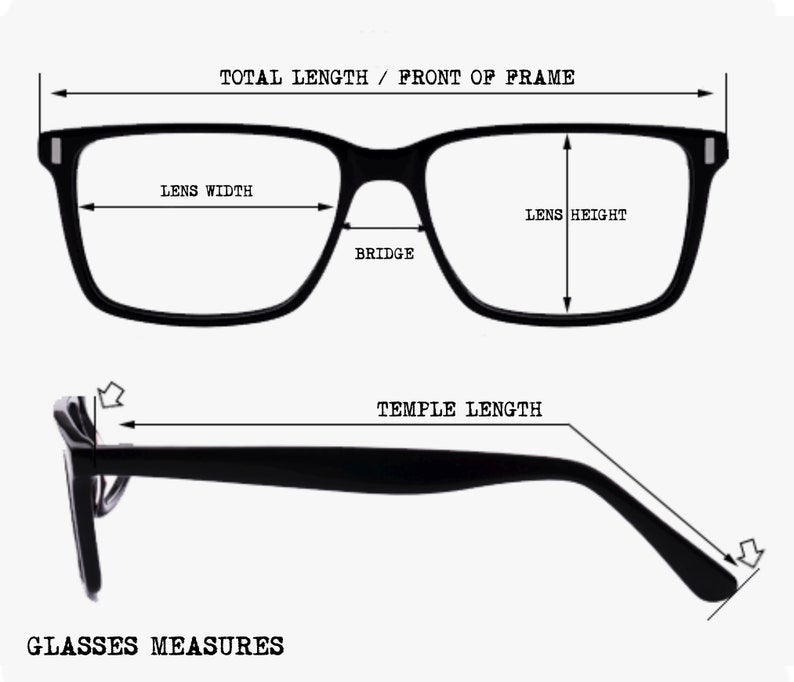 May include: Diagram showing how to measure glasses. The diagram shows the total length, lens width, lens height, bridge width, and temple length of a pair of glasses.