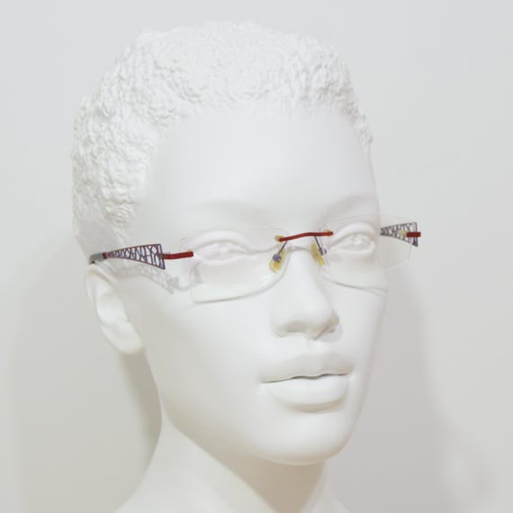 Vintage Rimless EyeGlasses OXYGEN 1081 by Von Bogen Germany NOS hexagon Woman eyewear 00S Top Stainless steal orange red purple Fantasy arms View 2