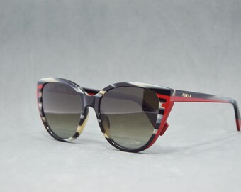 Top acetate Sunglasses FURLA 783. New Dead Stock. Unworn. Woman Sunwear. Cool big butterfly Cat eye. Smoke grey gradient. Colorful frame.