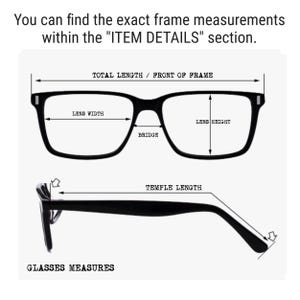 Puede incluir: Un diagrama de gafas negras que muestra los puntos de medici&oacute;n para la longitud total, el ancho y alto de la lente, el puente y la longitud de la patilla. El texto dice: You can find the exact frame measurements within the ITEM DETAILS section.