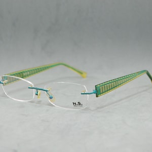 Lunettes de vue vintage sans monture en acétate H.S. 1153 Germany NOS Papillon hexagonal jamais porté unisexe Homme Femme Années 2000 vert électrique aqua jaune clair