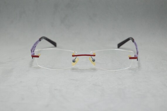 Vintage Rimless EyeGlasses OXYGEN 1081 by Von Bogen Germany NOS hexagon Woman eyewear 00S Top Stainless steal orange red purple Fantasy arms View 3