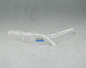 Vintage acetate rimless EyeGlasses Collection Creativ Germany NOS Unworn square rectangular Unisex man Woman 00s White silver Regular size