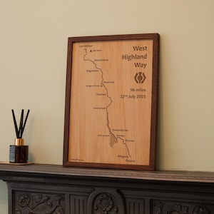 West Highland Way Minimalist Wooden Map - Rustic Solid Walnut - Gift for Hiker