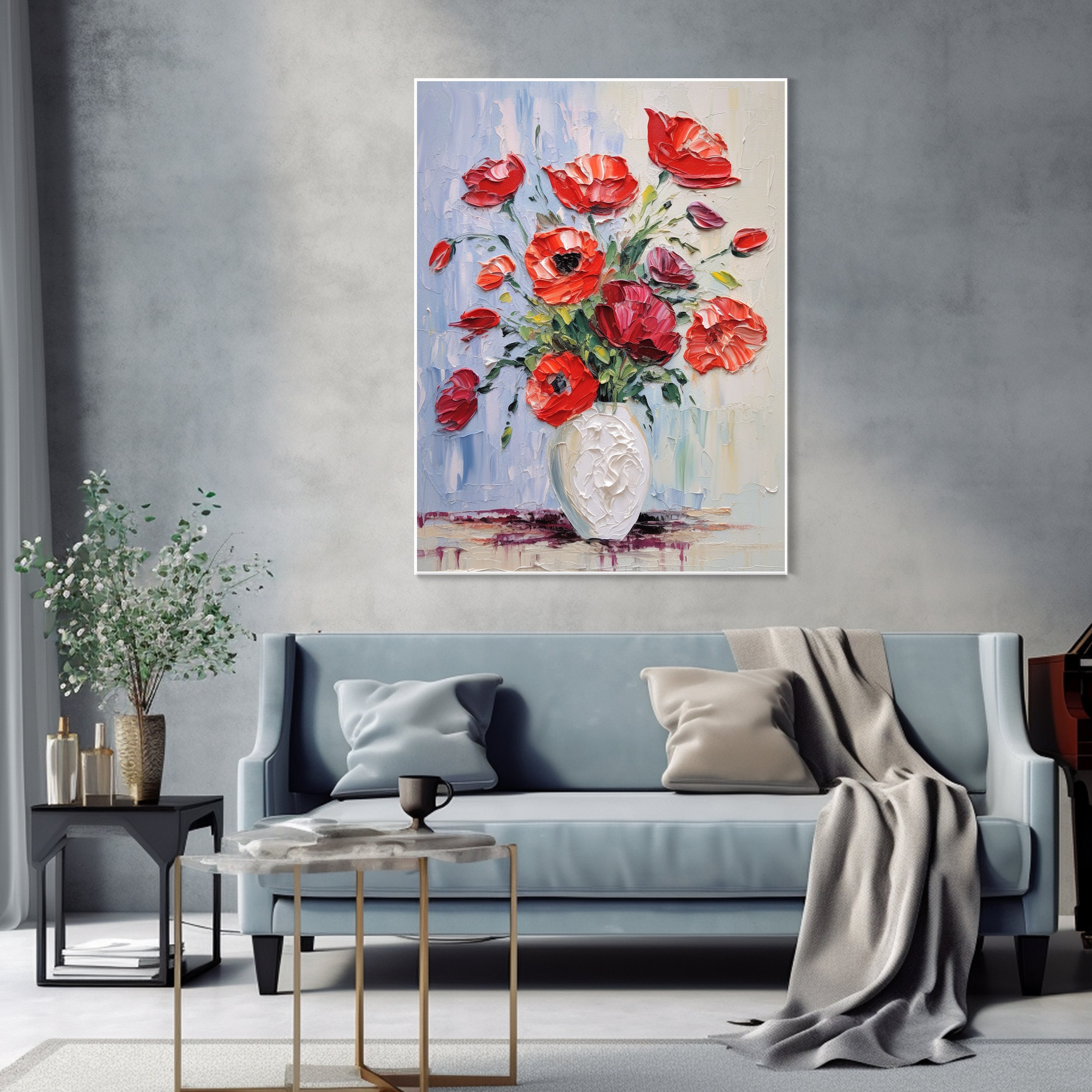 100% Hand Rose Floral Oil Painting Red Flower Art on Canvas 3D Cream ...