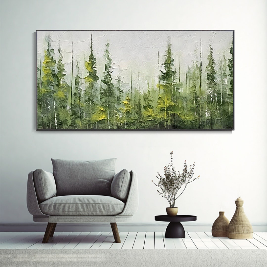 Large Green Woods Landscape Painting, Canvas Hand Custom Artwork