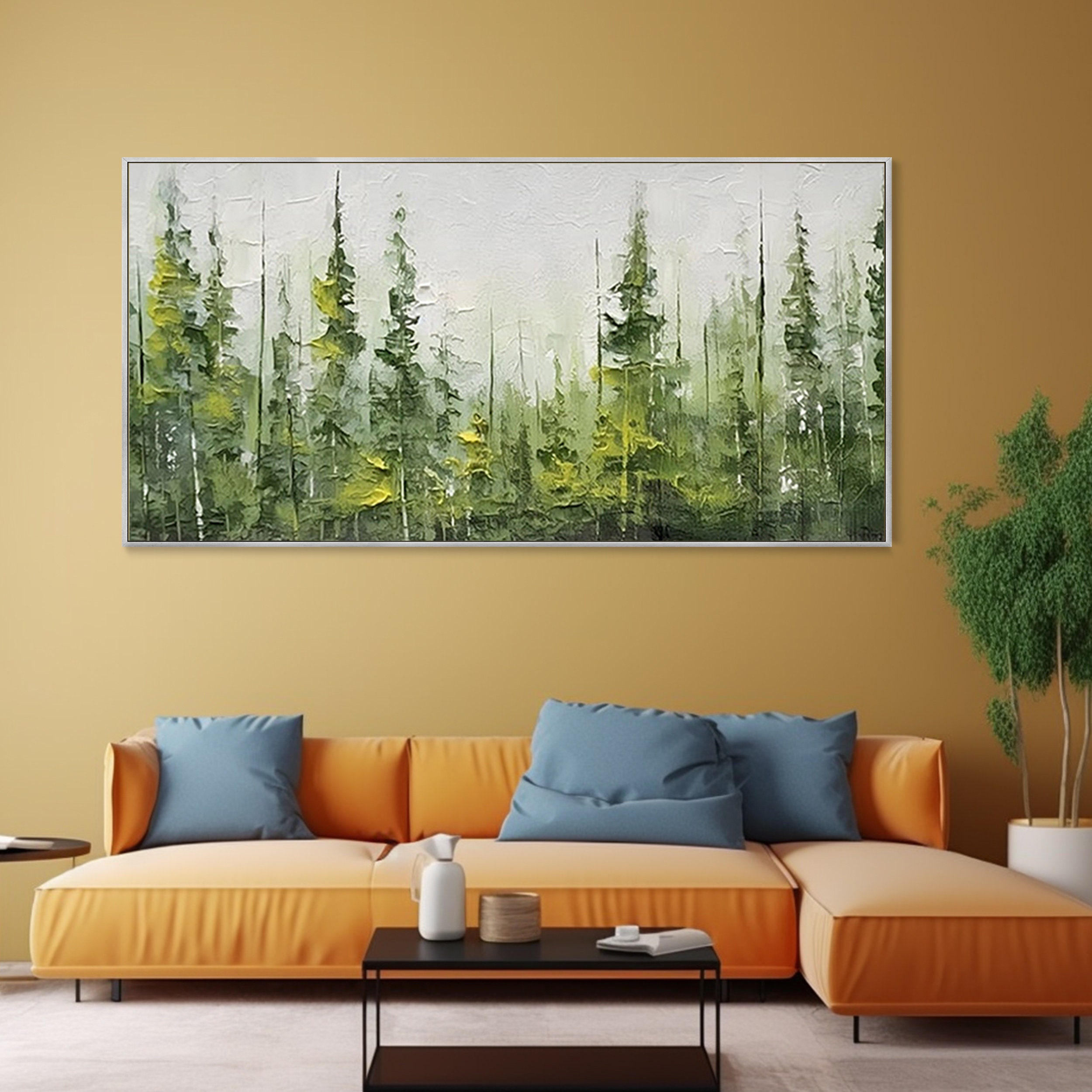 Large Green Woods Landscape Painting, Canvas Hand Custom Artwork