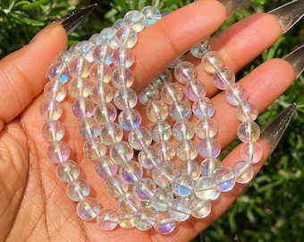 Aura-Quarz-Armband, Heilkristalle, Chakra-Naturstein, handgefertigter Schmuck aus Edelsteinperlen, 8 mm klarer Perlenschmuck, Geschenk für sie