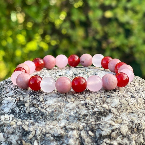 Love Attraction Bracelet, Manifest, Attract Love, Gemstone Bracelets, Healing Crystal Bracelet, Rose Quartz, Red Carnelian, Pink Rhodonite