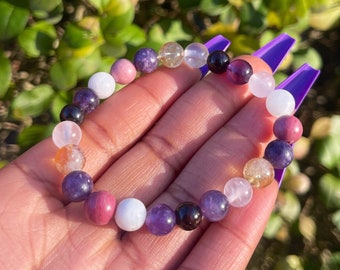 Menopause Support Bracelet, Healing Crystals, Gemstone Bracelet, Menopause Gift, Stretchy Beads Bracelet, Lepidolite, Moonstone, Rose Quartz